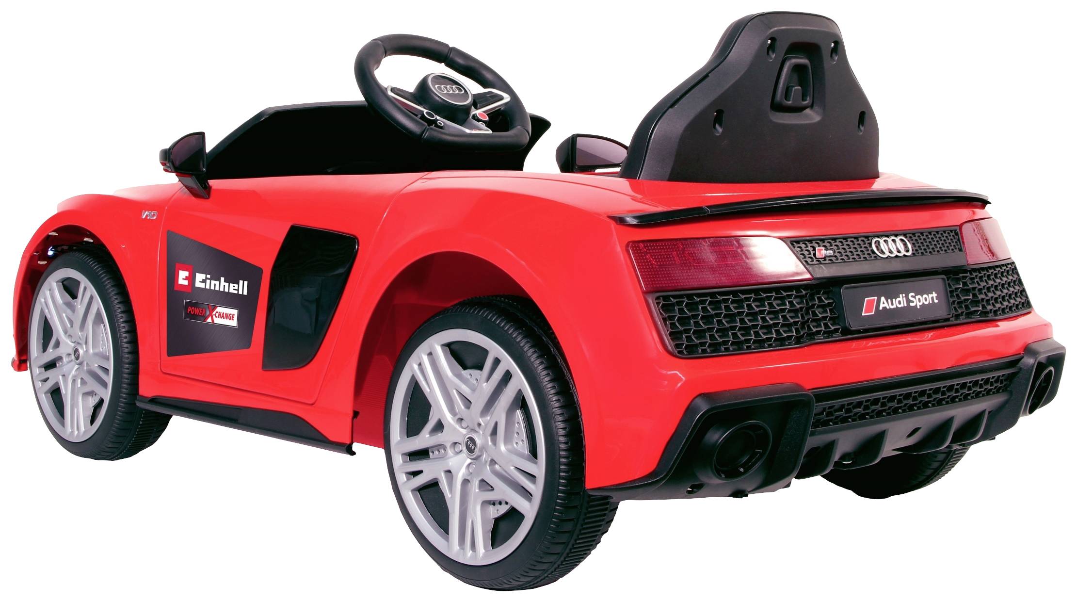 Ein rotes Kinder-Elektroauto im Audi-Design, abgebildet von hinten, zeigt Details wie Logos und sportliches Aussehen.