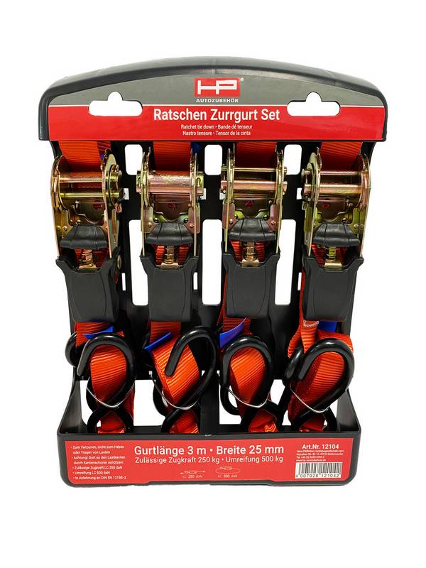 HP Autozubehör 12104 Zweiteiliger Spanngurt Zugkraft LC Niederzurren (einzeln/direkt)=250 daN (L x B x H) 300 cm x 9 mm x 4.5 cm Ratsche EN 12195-2