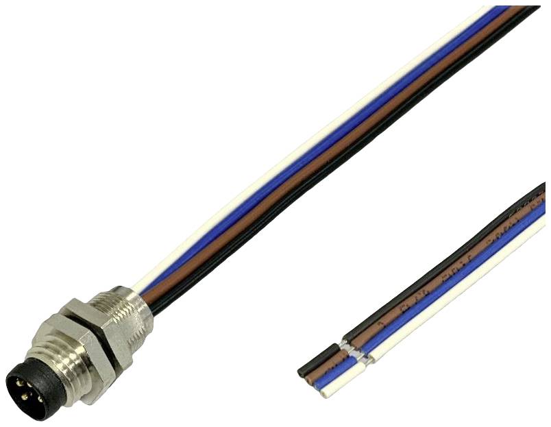 Ein vierpoliger Kabelstecker mit abisolierten Enden. Die Kabel sind farblich codiert mit braunen, weißen, blauen und schwarzen Drähten.