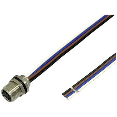 Metallischer Stecker mit vierfarbigen Kabeln (weiß, schwarz, blau, braun). Kabel sind am Ende abisoliert.