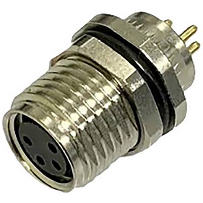 Ein runder, metallischer Stecker mit vier Anschlusspins und Rillen am Gehäuse, vermutlich für Elektro- oder Datenverbindungen.