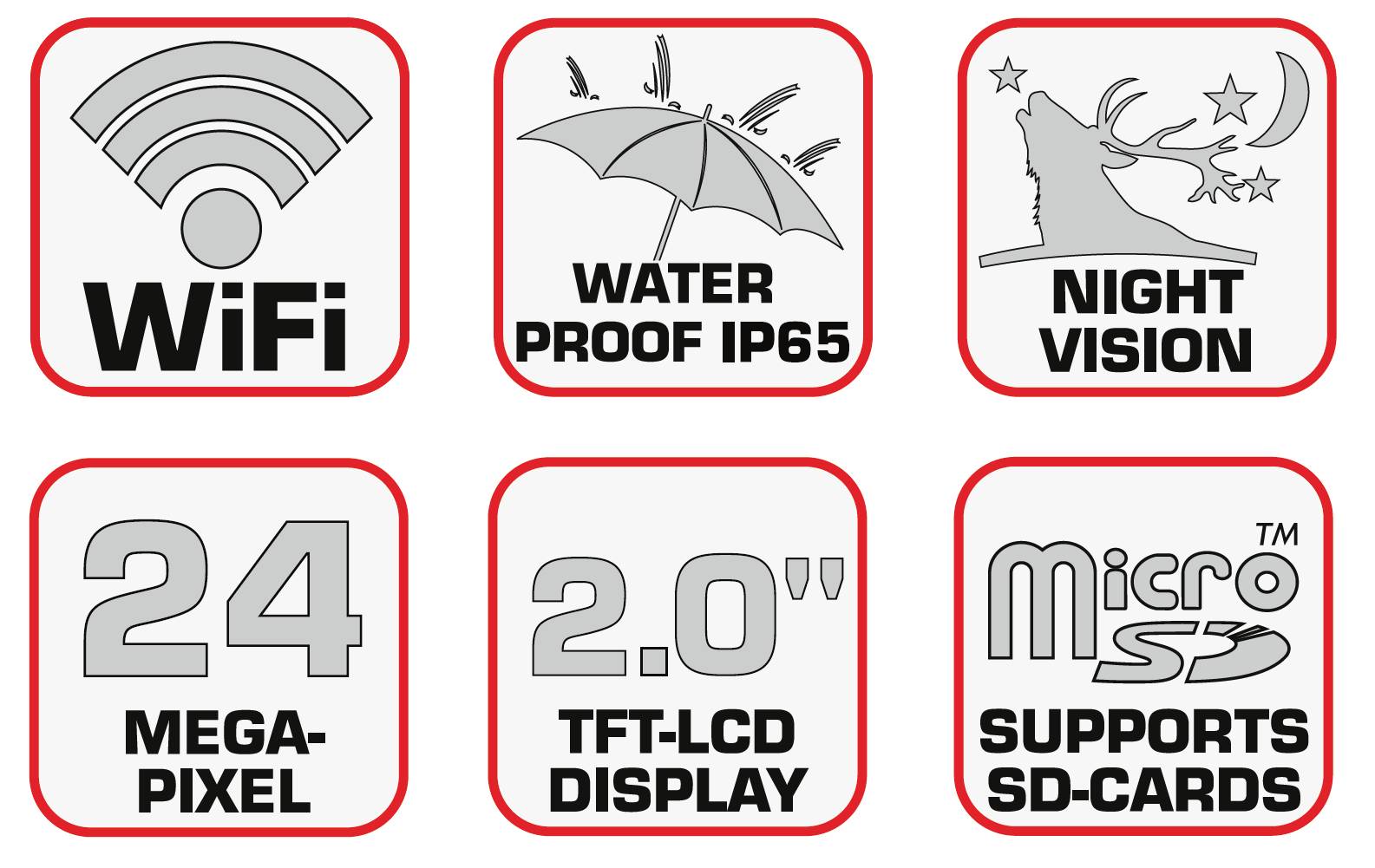 'WiFi', 'Waterproof IP65', 'Night Vision', '24 Megapixel', '2.0" TFT-LCD Display', 'Supports SD-Cards' - Technologie-Merkmale.