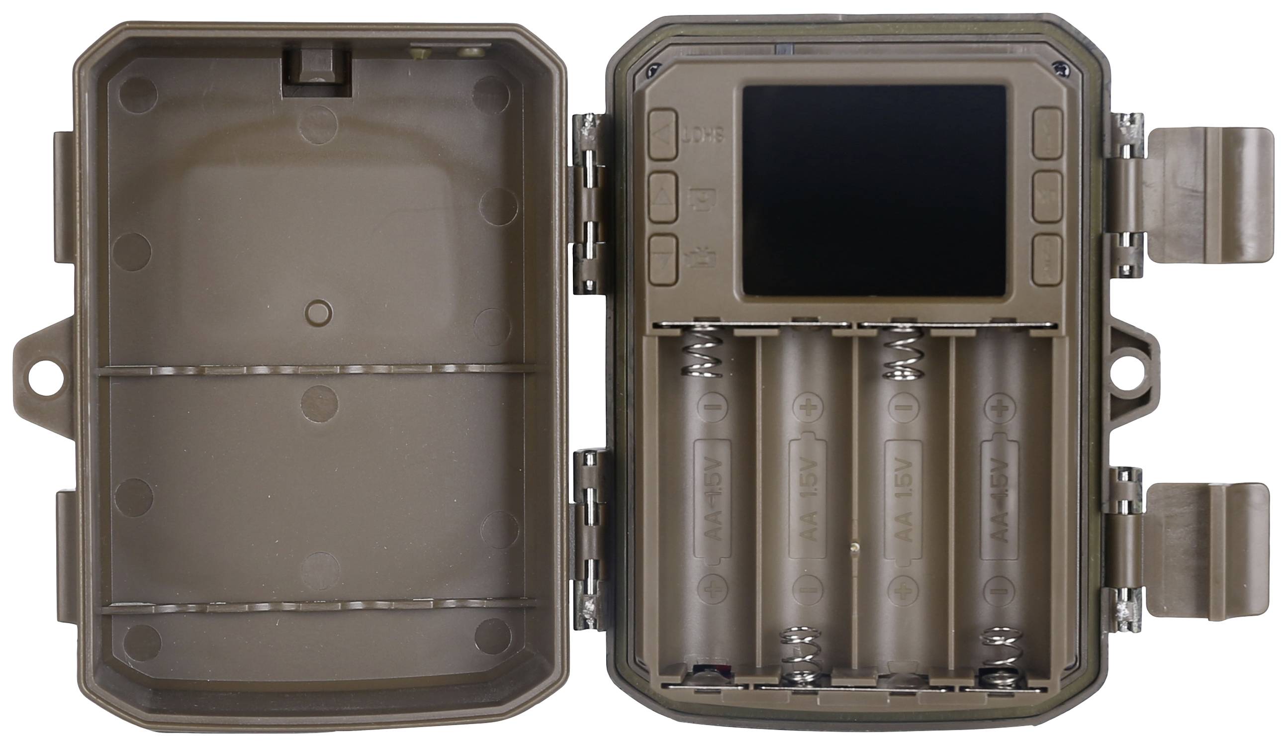 Braune, offene Wildkamera mit Batteriefach und kleinem Bildschirm im Inneren. Geeignet zum Überwachen von Wildtieren im Freien.