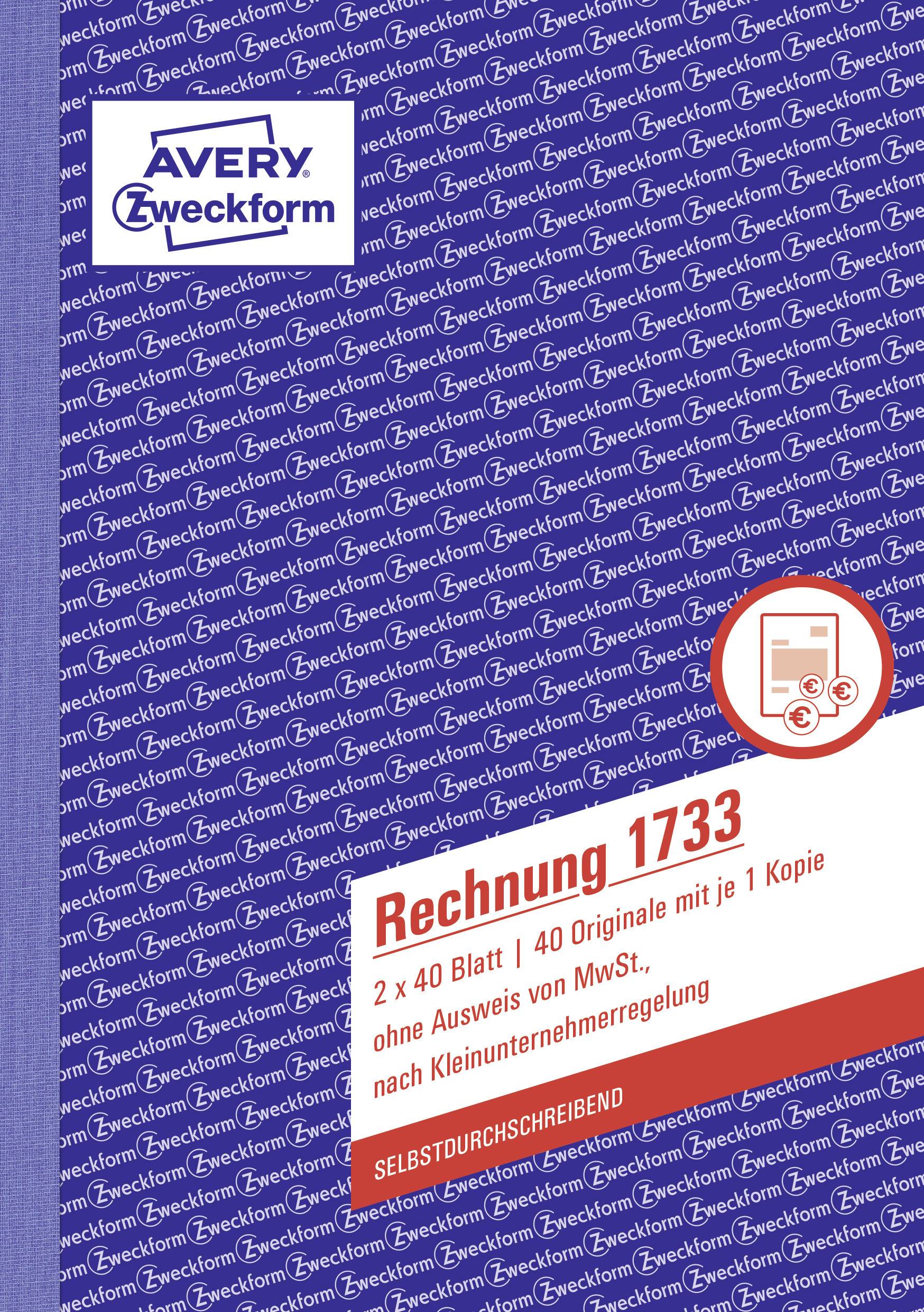 Rechnungsvordruck 'Rechnung 1733' von Avery Zweckform, enthält 2x40 Blätter mit je 1 Kopie, ohne MwSt. für Kleinunternehmer.