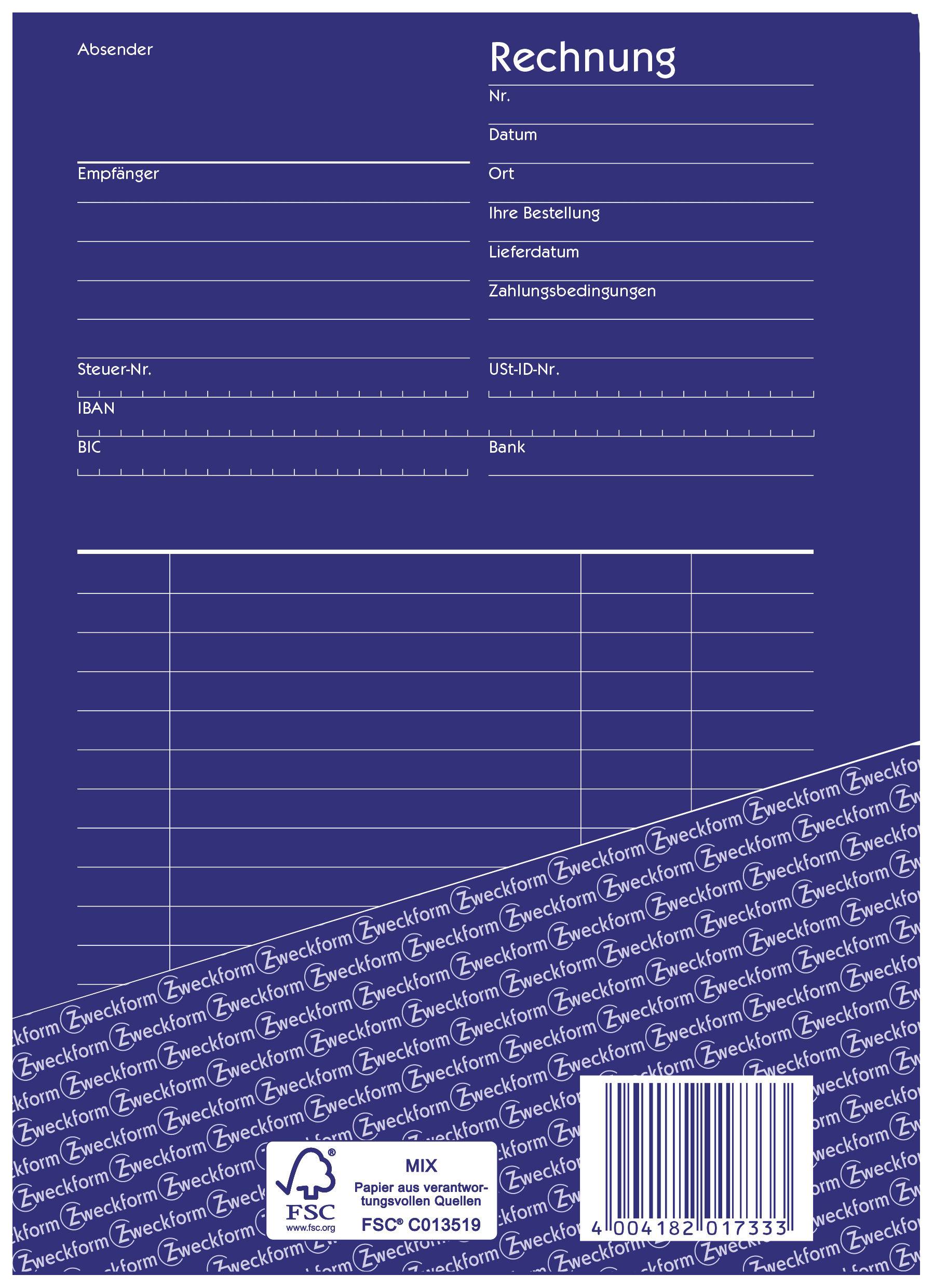 Ein Formular für eine Rechnung mit Feldern für Absender, Empfänger, Rechnungsnummer, Datum, Ort, Zahlungsbedingungen und Bankdetails.
