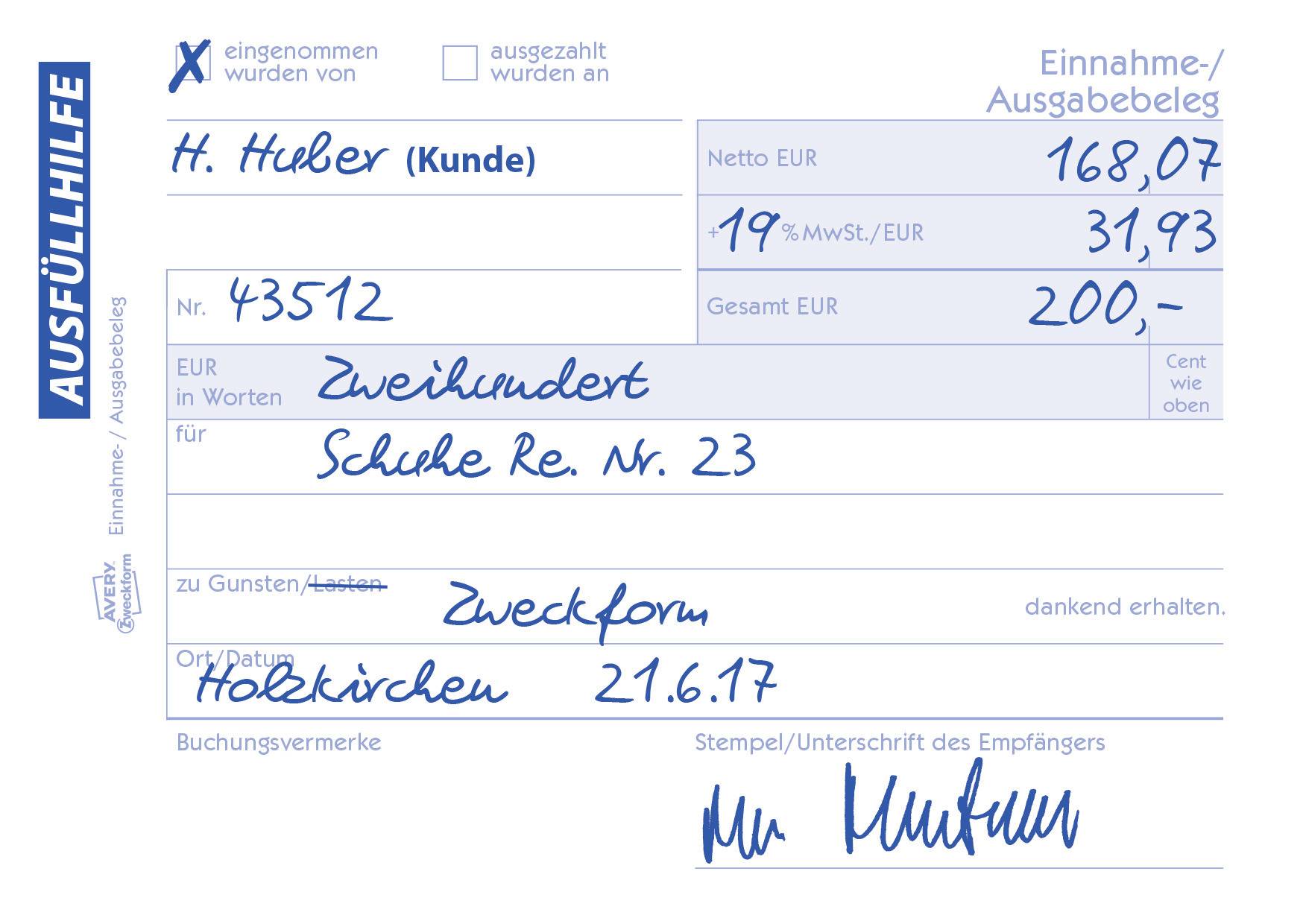 Beleg mit Angaben: Kunde H. Huber, Datum 21.6.17, Nettobetrag 168,07 EUR, MwSt 31,93 EUR, Gesamt 200 EUR, Unterschrift unten.