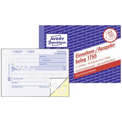 Eine Verpackung für Avery Zweckform Einnahme-/Ausgabe-Belege, Modell 1755, mit 2x40 Blättern, fälschungssicheren Formularen.
