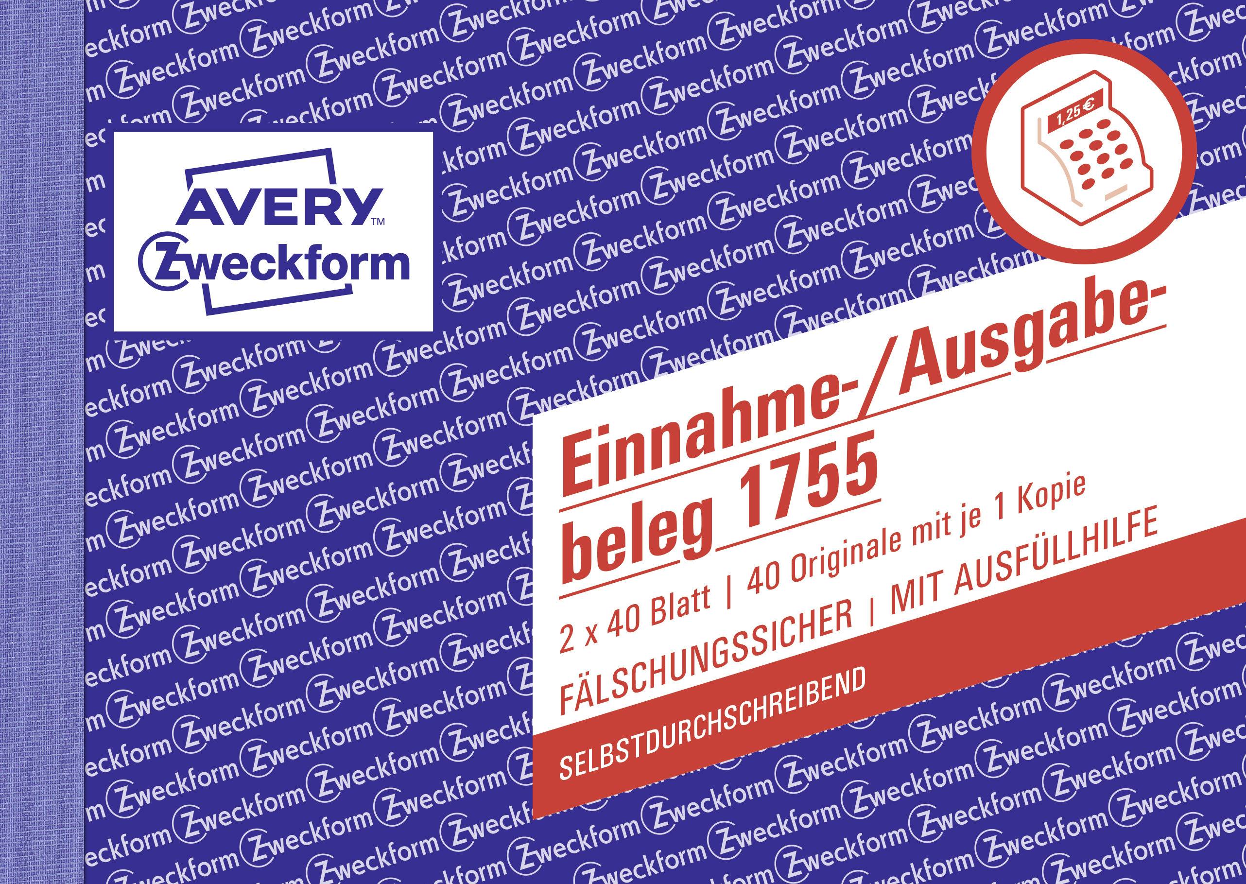 'Einnahme-/Ausgabebeleg 1755' von Avery Zweckform mit 2 x 40 Blättern. Merkmale: fälschungssicher, mit Ausfüllhilfe, selbstdurchschreibend.