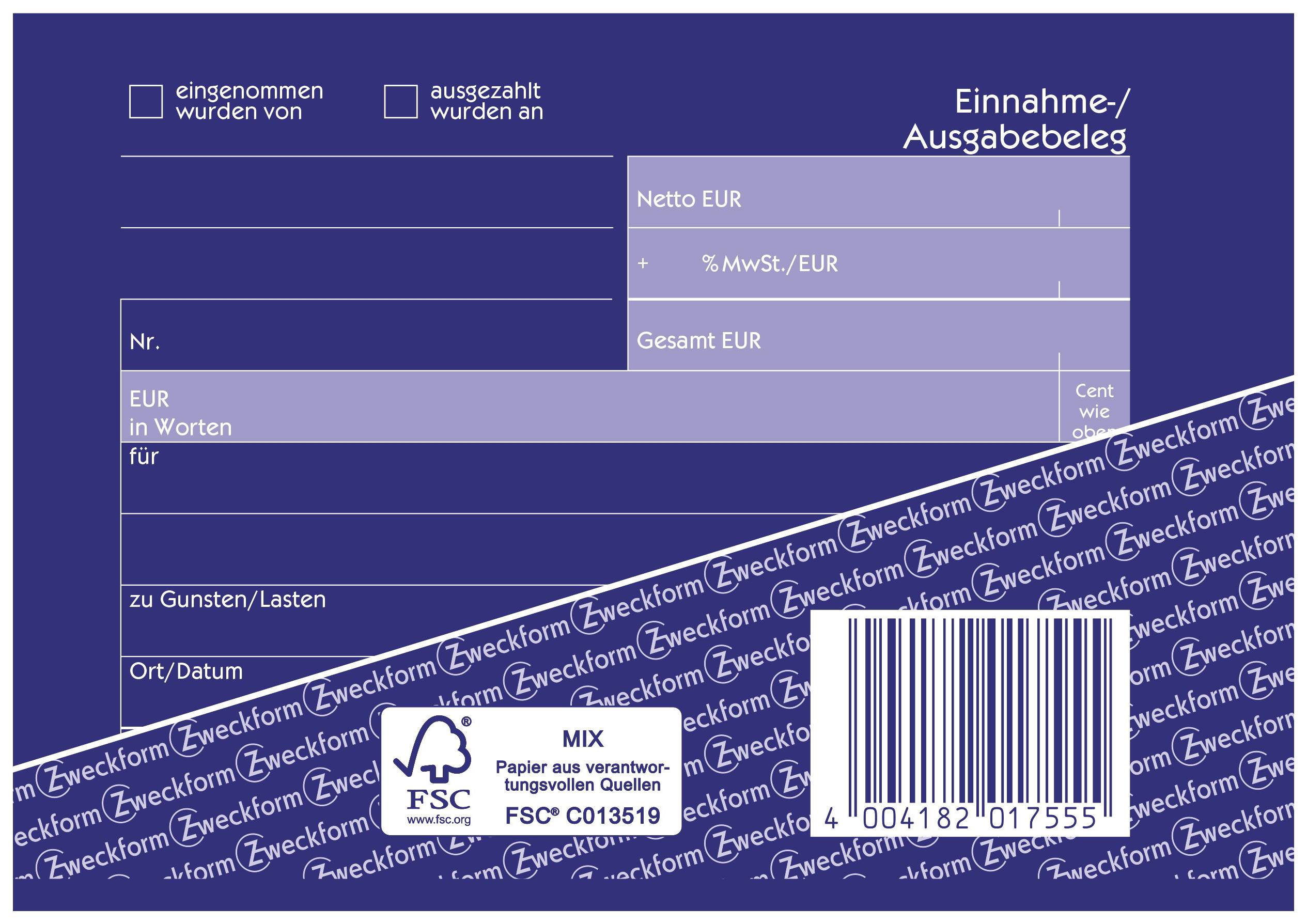 Ein Einnahme-/Ausgabebeleg, zeigt Felder für Netto- und Gesamtbeträge in EUR, Steuersatz, Datum und Unterschrift. Enthält FSC-Logo.