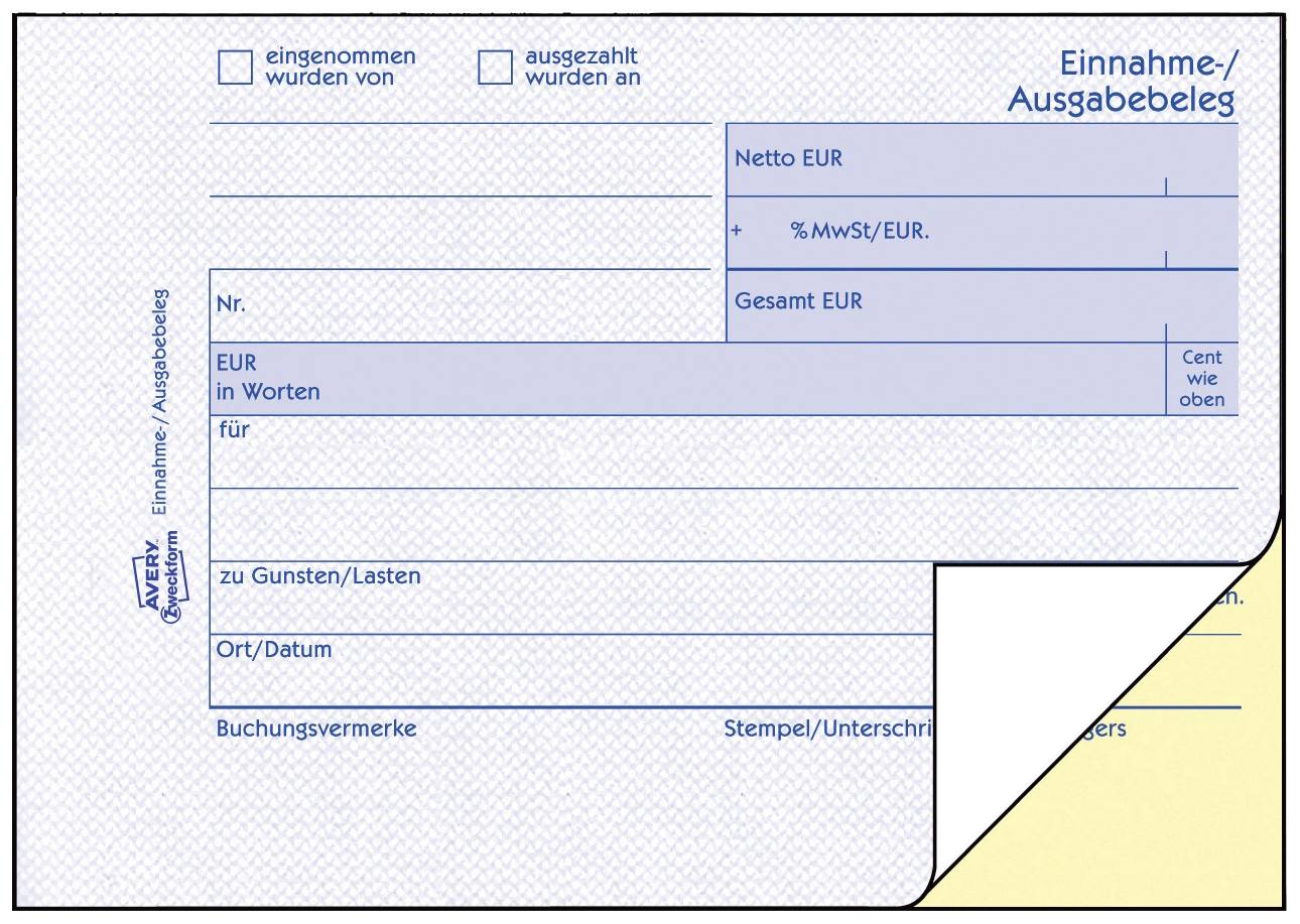 Ein Einnahme-/Ausgabebeleg mit Feldern für Netto, MwSt., Gesamtbetrag, EUR in Worten, Empfänger, Datum und Buchungsvermerke.