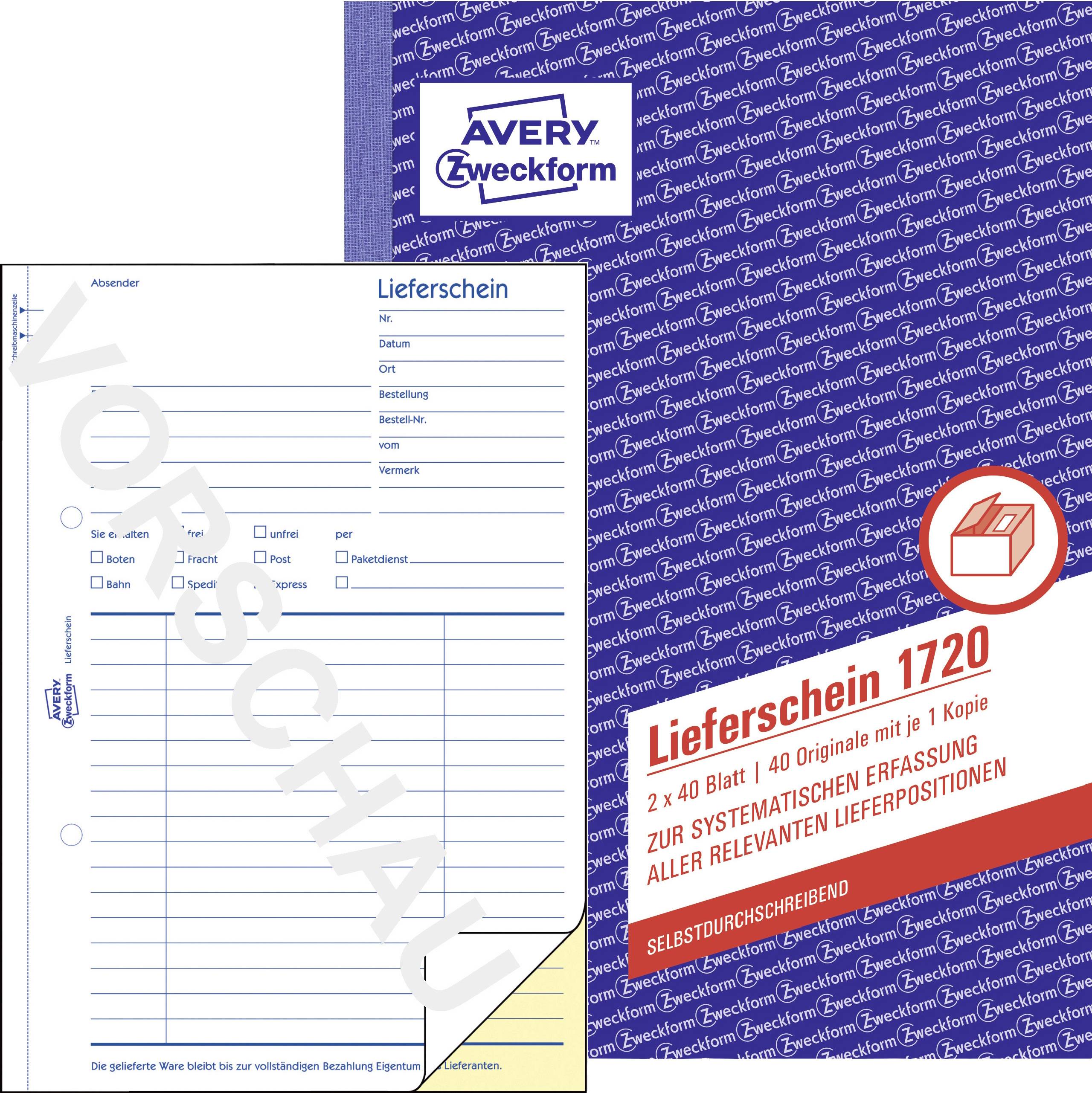 'Avery Zweckform Lieferschein 1720, 2-lagig. 40 Originale und 40 Kopien mit Durchschreibeffekt.'