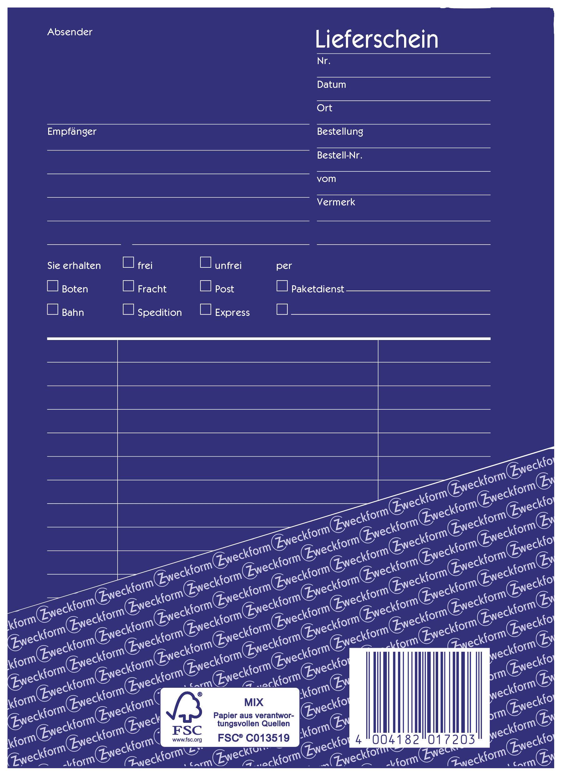 'Lieferschein' mit Feldern für Absender, Empfänger, Nr., Datum, Ort, Bestellung, Bestell-Nr. Enthält Optionen für Lieferart wie Bote, Post, Bahn.