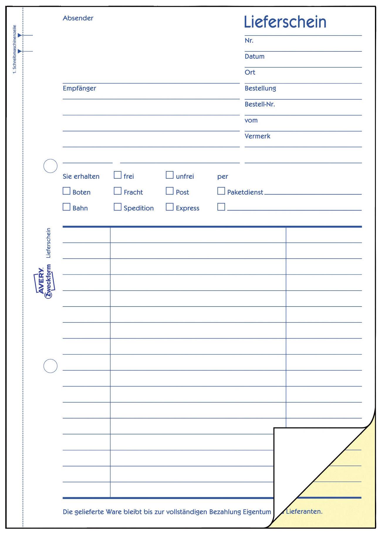 Lieferformular mit Feldern für Absender, Empfänger, Bestellnummer, Datum, Ort, und Lieferoptionen wie Bote und Post. Text: 'Die gelieferte Ware bleibt ... Eigentum des Lieferanten.'
