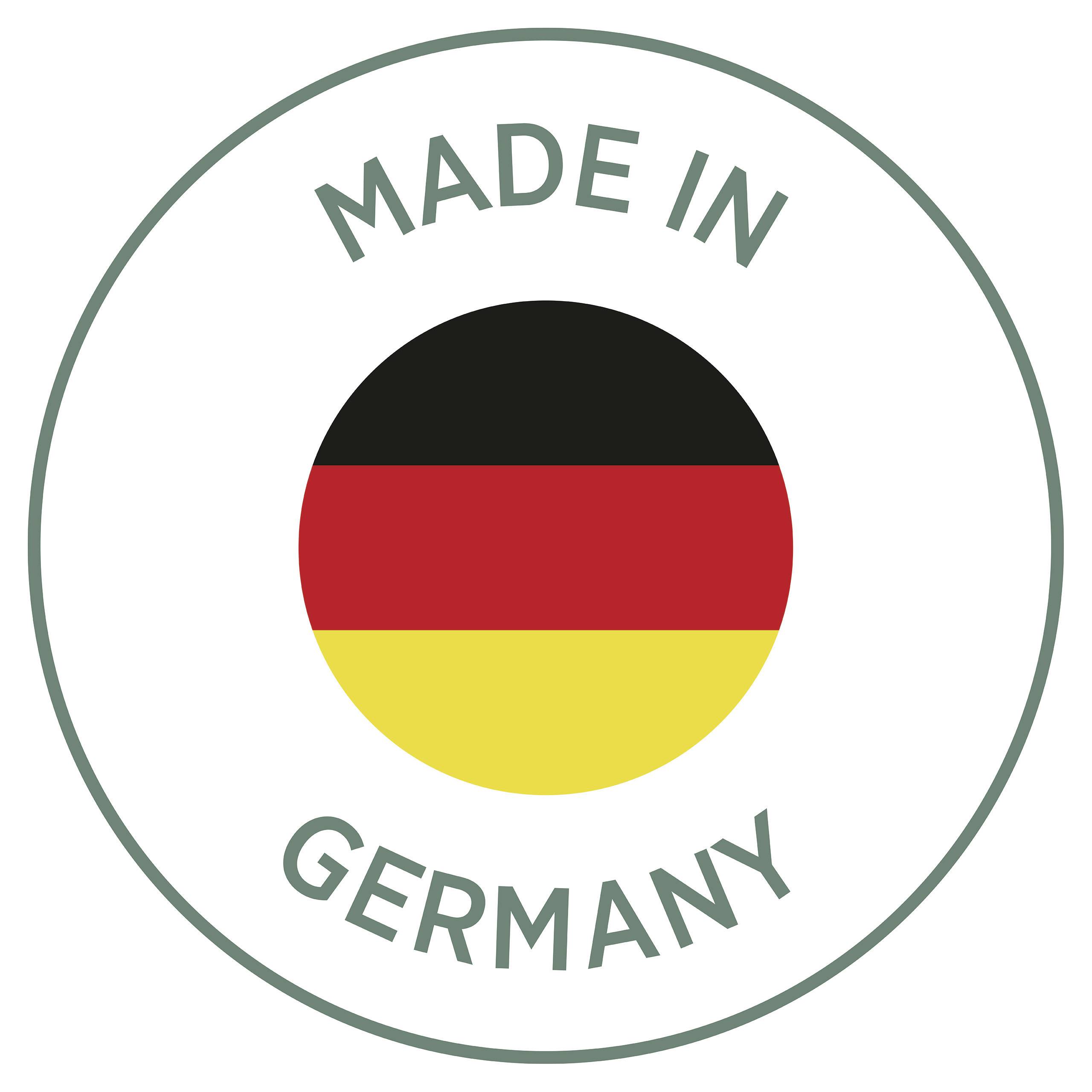 Runder Stempel mit der Aufschrift 'Made in Germany' und der deutschen Flagge in der Mitte.