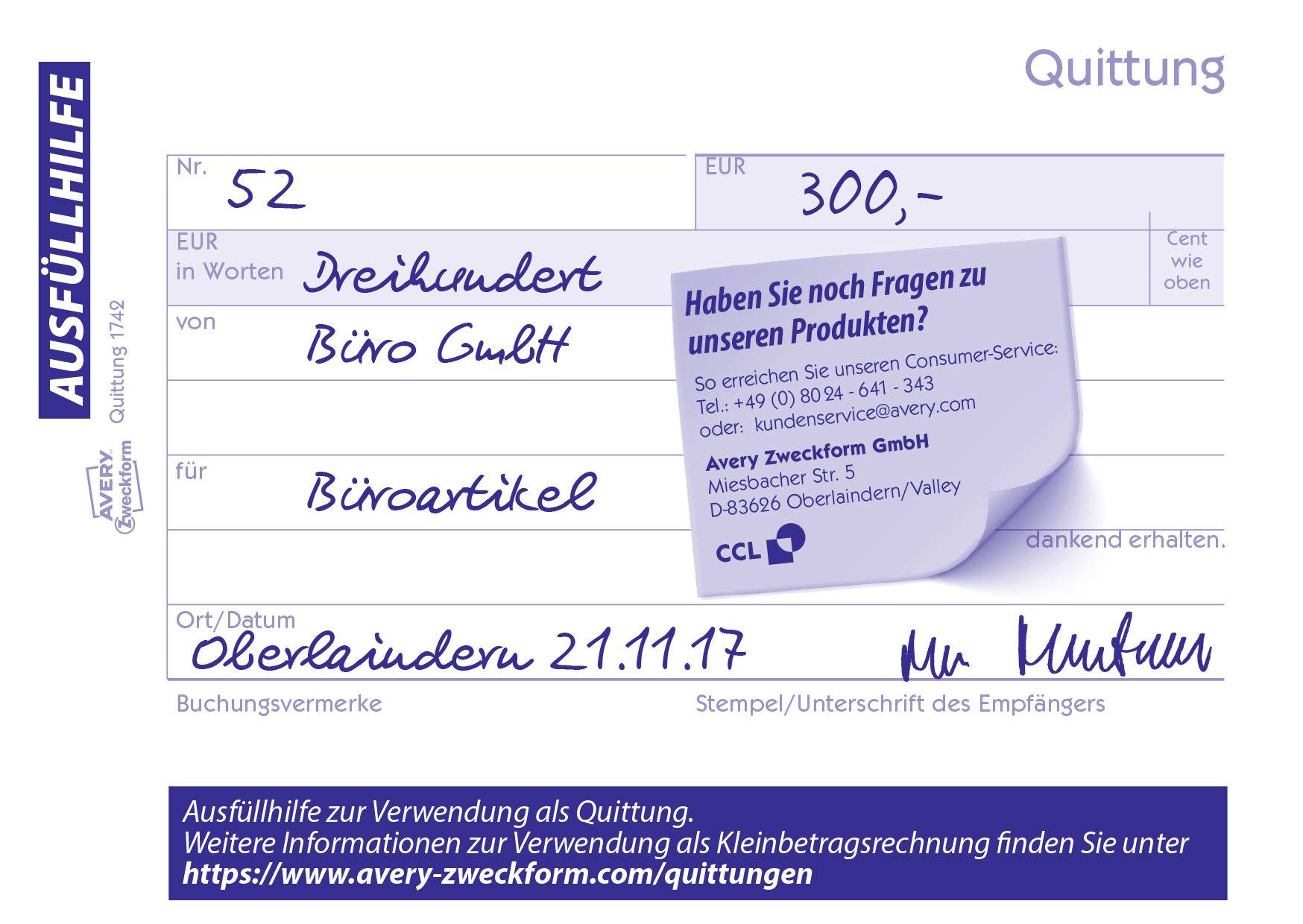 'Quittung' mit Betrag 300 EUR, ausgestellt von Büro GmbH, für Büromaterial. Datum Oberlainden 21.11.17, unterschrieben.