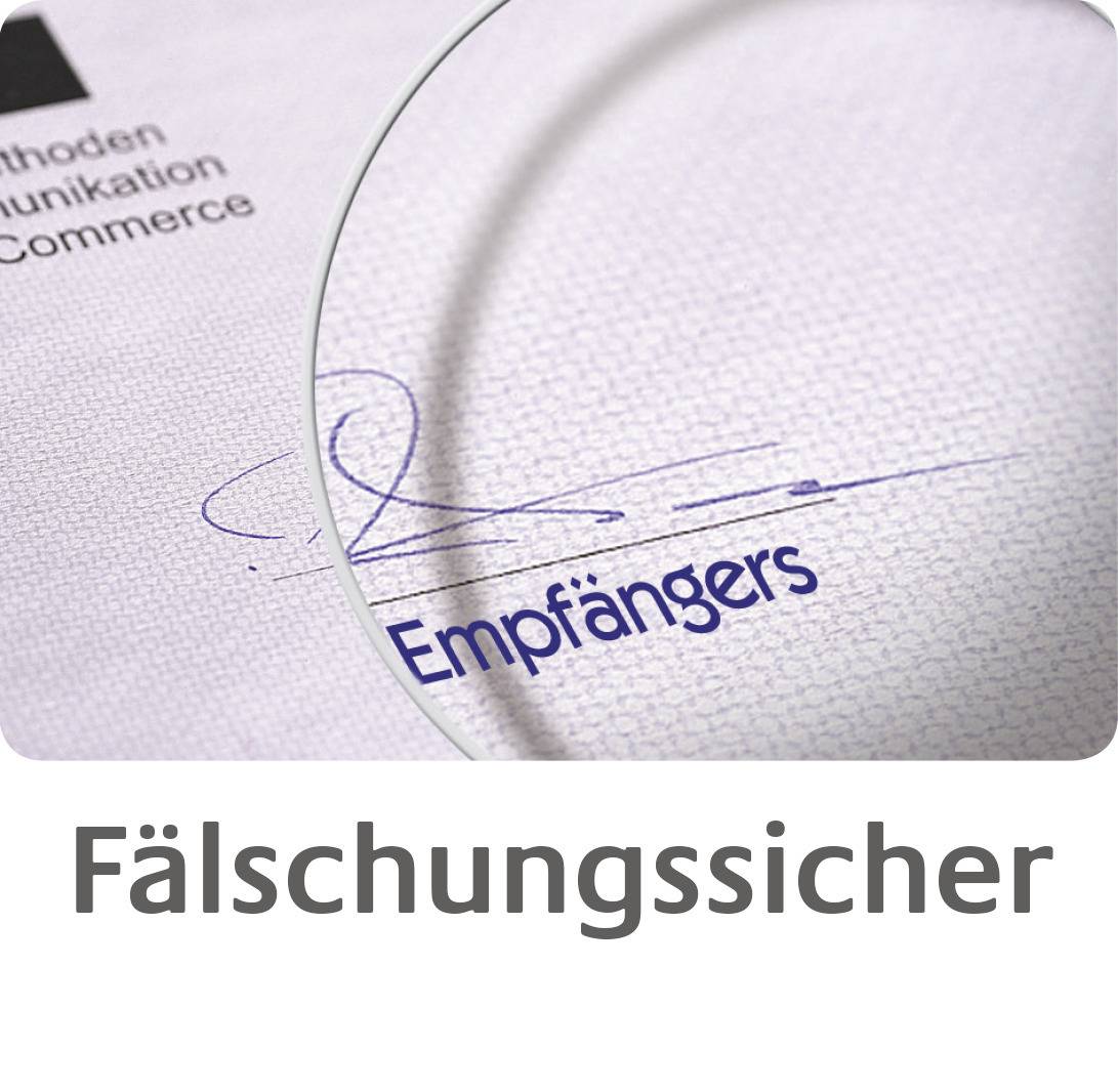 Eine vergrößerte Signatur auf dokumentenartigem Untergrund mit dem Schriftzug 'Empfängers'; im Kontext von Fälschungssicherheit.
