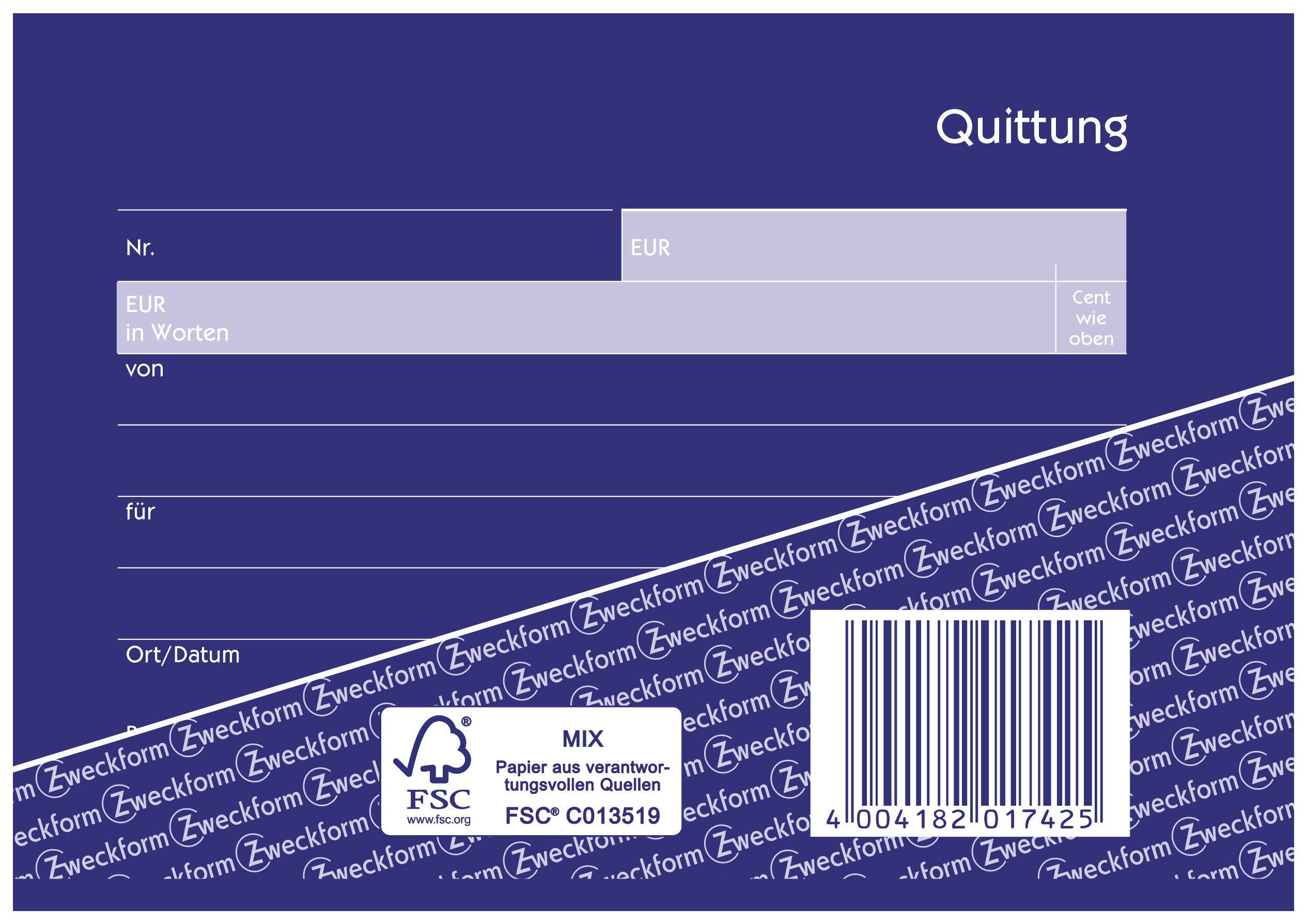 'Lila Quittung mit Feldern für Nummer, Betrag in EUR, Betrag in Worten, von, für, Ort/Datum; FSC- und Zweckform-Logos unten.'