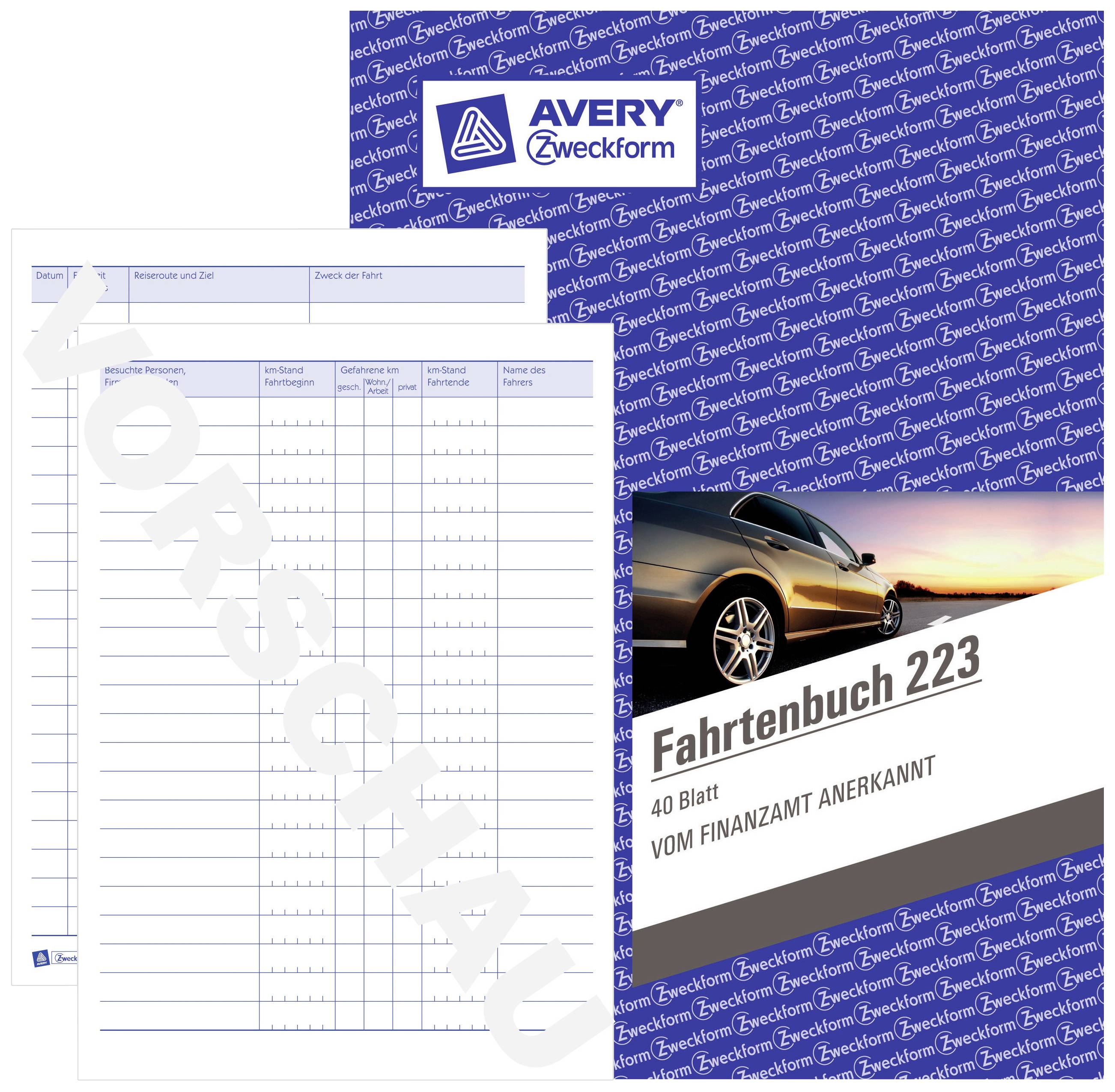 Zwei Fahrtenbuchseiten und deren Verpackung mit der Aufschrift 'Fahrtenbuch 223, 40 Blatt, vom Finanzamt anerkannt', Auto-Abbildung.