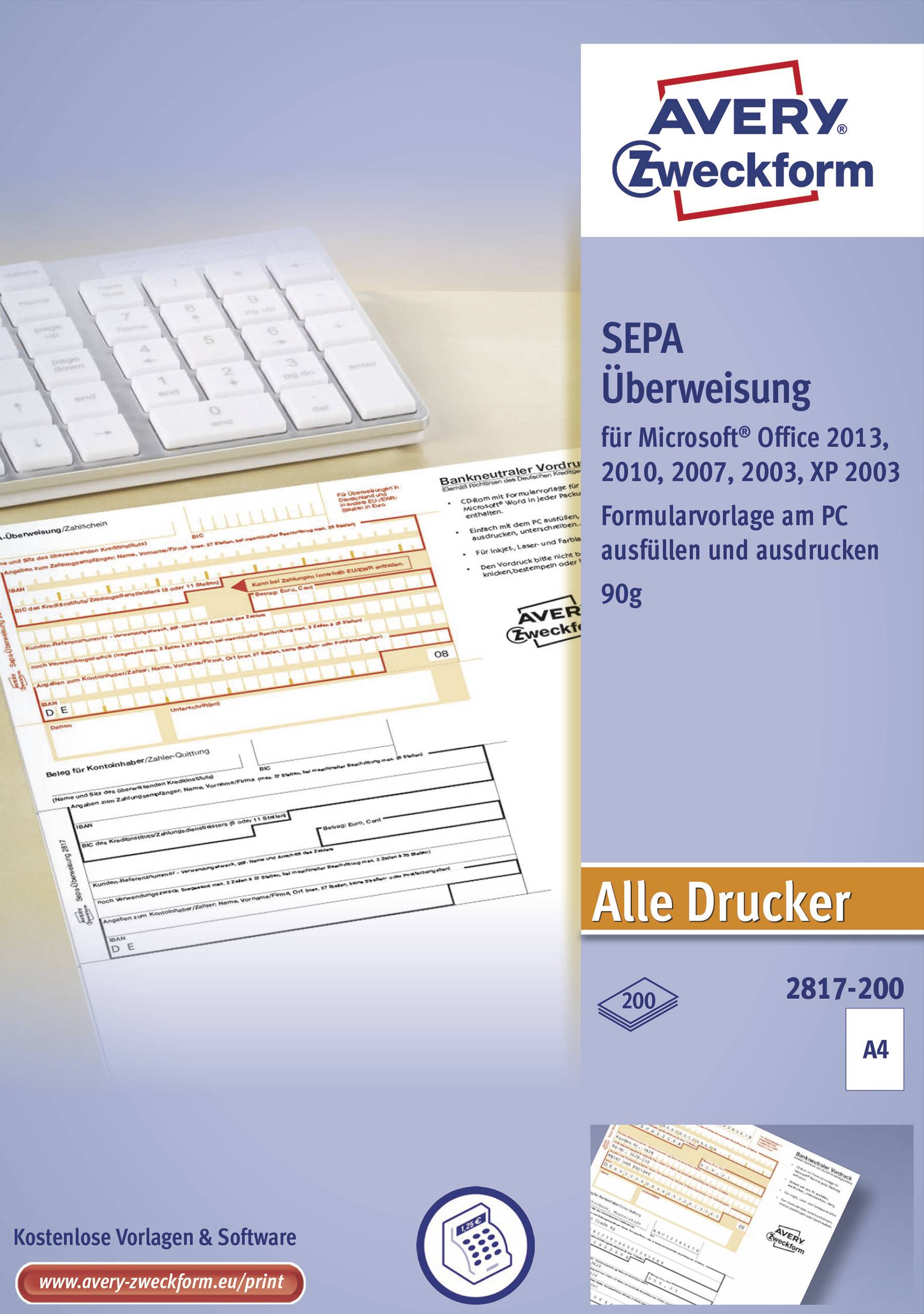 Ein Flyer zeigt ein SEPA-Überweisungsformular für Microsoft Office 2013 bis XP 2003. Kompatibel mit allen Druckern, 200 Formulare.