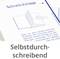 'Schreib-Einlage' mit Diagramm einer offenen Mappe. Text: 'Selbstdurchschreibend'. Anleitung zur Nutzung auf Formular sichtbar.
