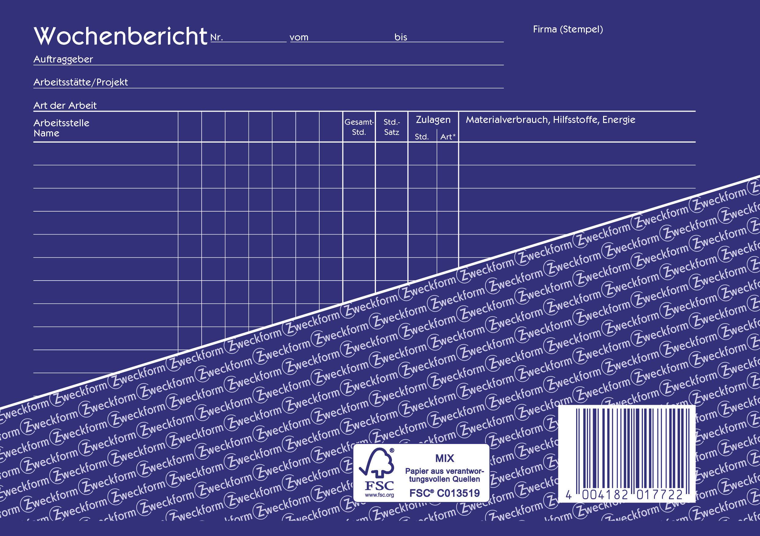 Wöchentlicher Berichtsvordruck mit Feldern für Auftraggeber, Arbeitsstelle, Projekt, Art der Arbeit, Materialverbrauch und Zusatzangaben.