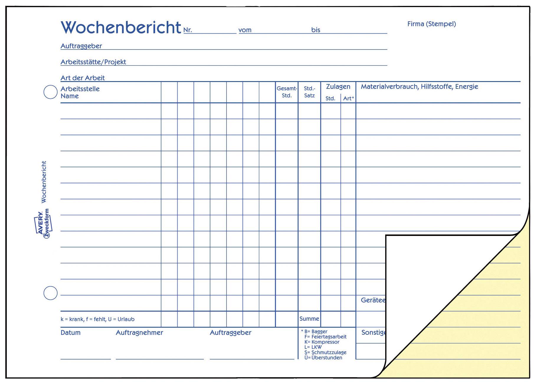 'Wochenbericht' Formular mit Feldern für Auftragsgeber, Arbeitszeit, Materialverbrauch und Bemerkungen. Oben Platz für Firmenstempel.