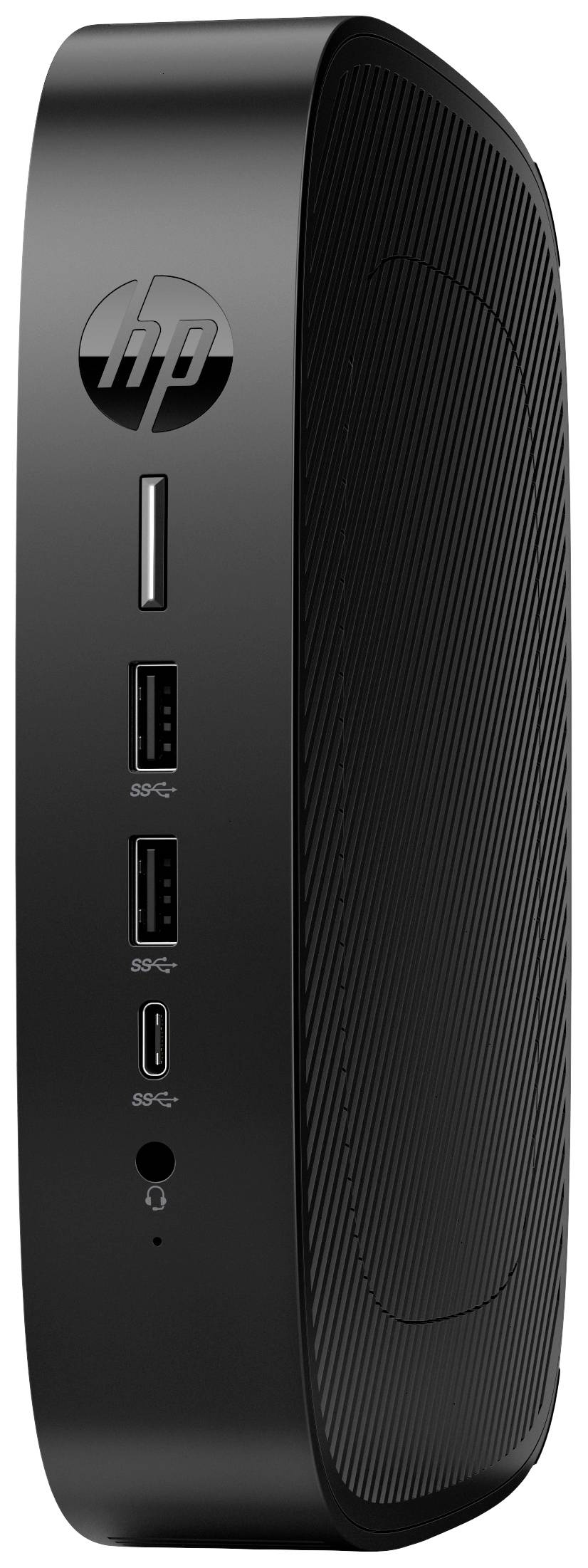 Ein schlanker, schwarzer Mini-PC mit mehreren Anschlüssen an der Vorderseite, darunter USB-Anschlüsse und ein Audioanschluss.