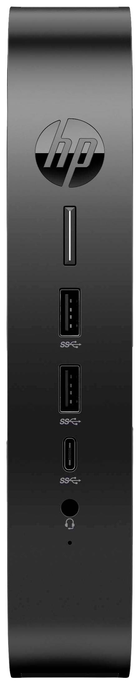 Eine schwarze HP-Dockingstation mit mehreren USB-Anschlüssen und einem Kopfhöreranschluss, vertikal ausgerichtet.