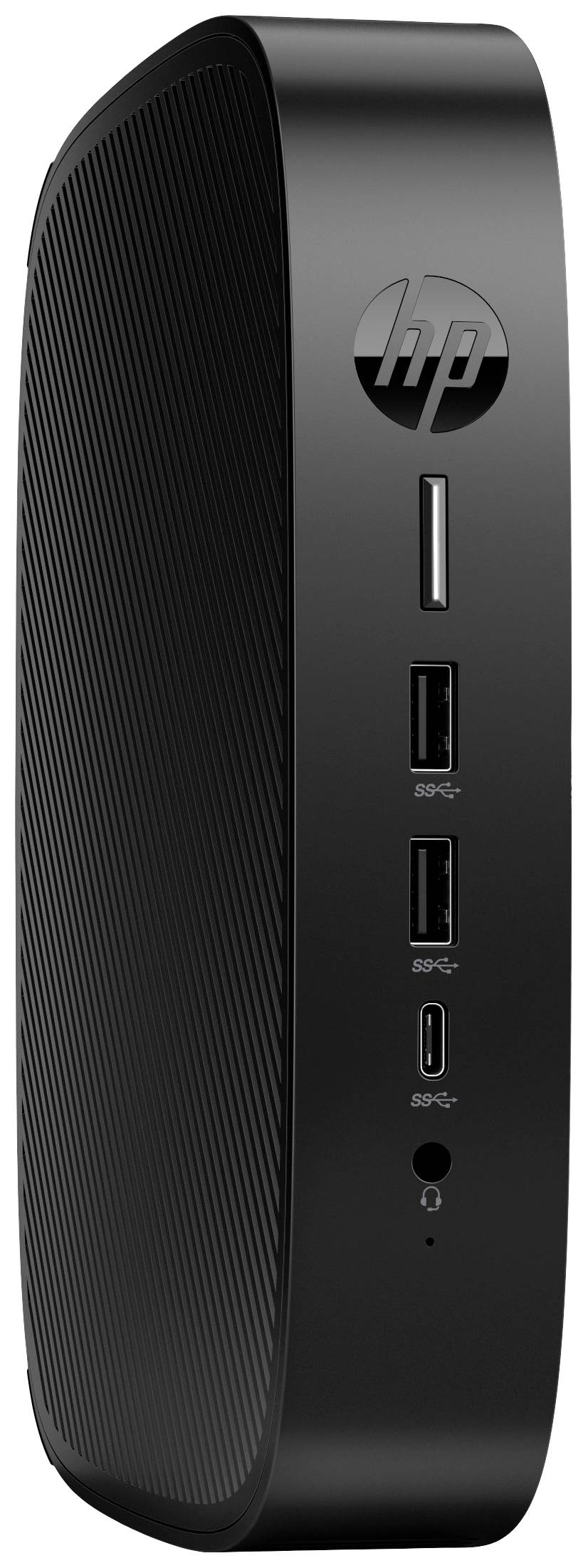 Ein schwarzer Computer-Tower mit dem HP-Logo, vertikale Vorderseite mit mehreren USB-Anschlüssen und einem Kopfhöreranschluss.