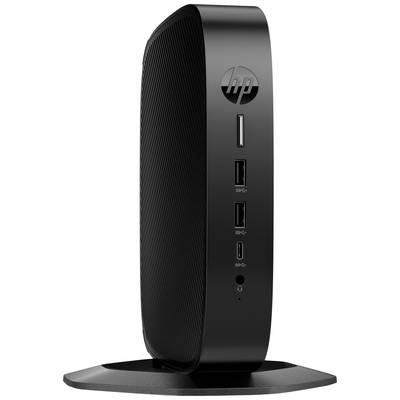 Schwarzer HP Thin Client im vertikalen Stand, mit zwei USB-Ports, Kopfhöreranschluss und HP-Logo.