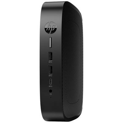 Schwarzer Mini-PC von HP mit mehreren Anschlüssen an der Vorderseite, darunter USB-Typ-C, USB-A und Kopfhöreranschluss.