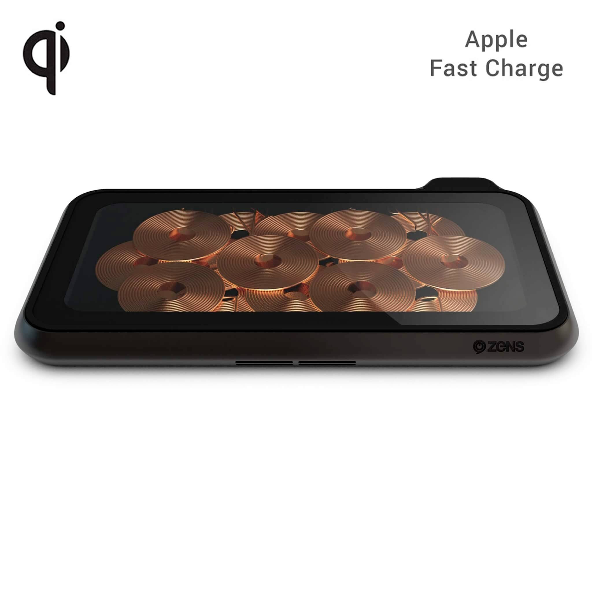 Kabellose Ladestation mit acht Kupferspulen, bietet schnelles Laden für Apple-Geräte. Markiert mit 'Apple Fast Charge'.