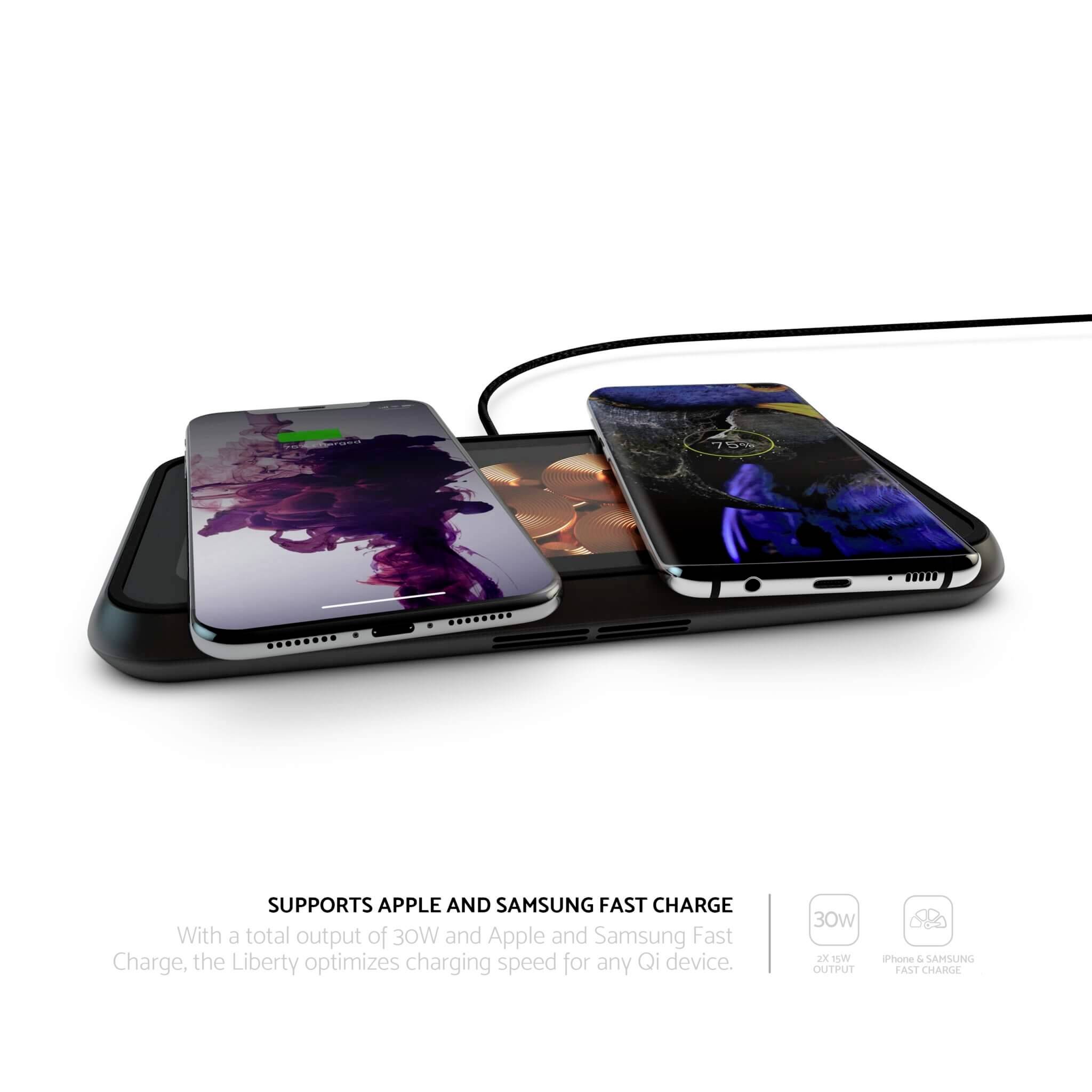 Zwei Smartphones auf einer kabellosen Ladestation. Auf einem Handy wird der Ladevorgang angezeigt. Text: 'Supports Apple and Samsung Fast Charge'.