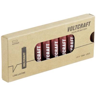 Packung mit 10 Voltcraft Alkaline-Batterien, 1.5 V, Typ AAA (LR03), in einer braunen Verpackung.