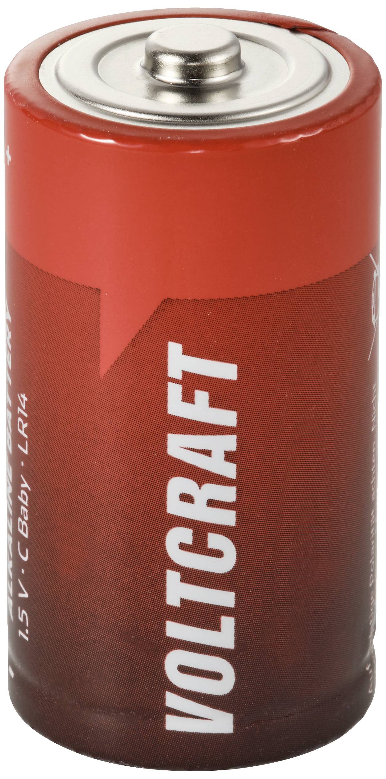 Rote Batterie mit der Aufschrift 'Voltcraft', Typ C Baby LR14, 1,5 V.