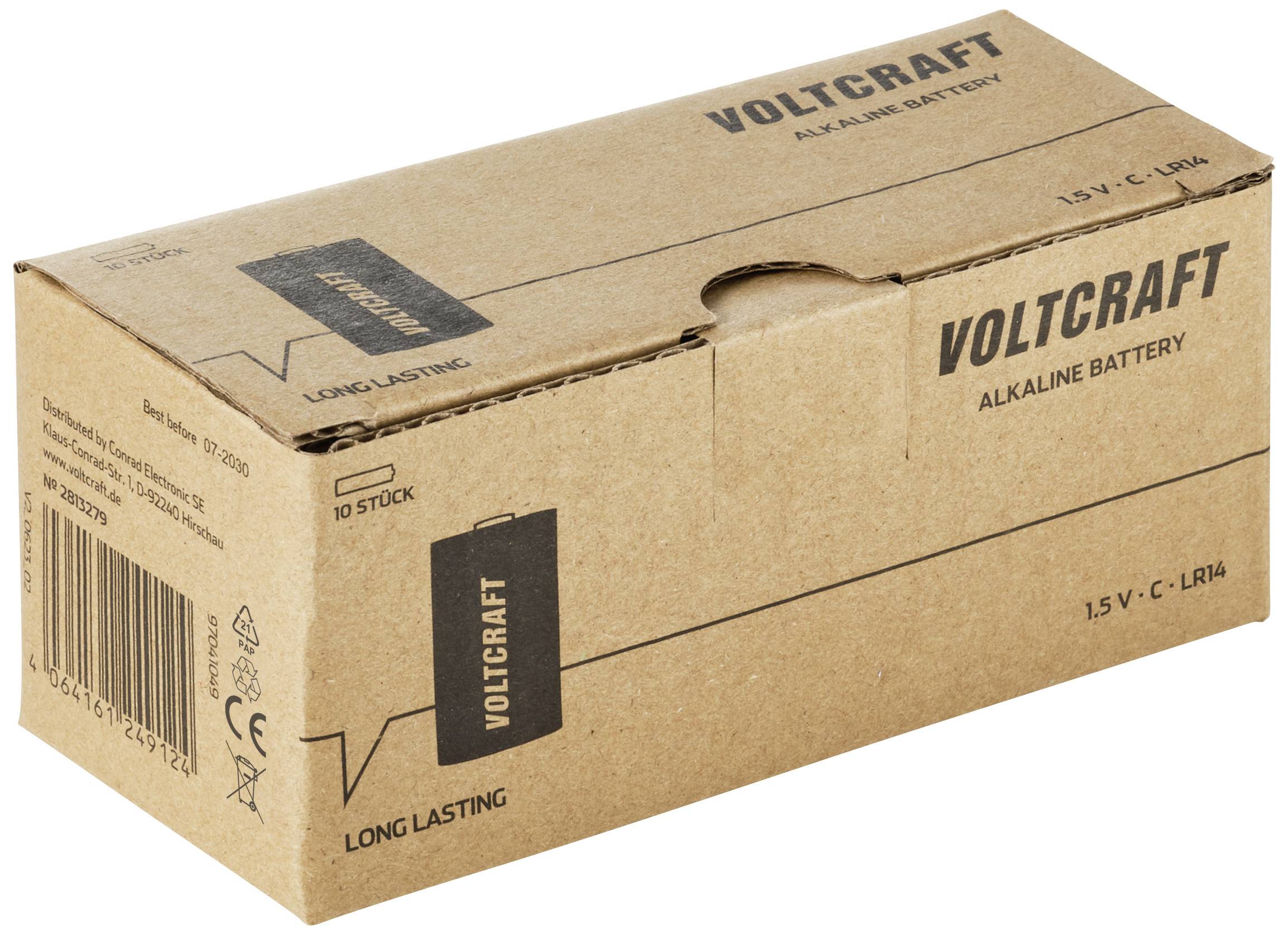 Verpackung einer Voltcraft Alkaline Batterie, 1.5V Type C, brauner Karton, Markenname und Spezifikationen aufgedruckt.