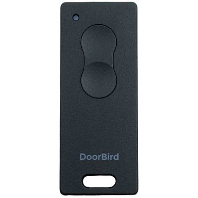 Schwarze Doorbird-Türklingel mit abgerundeten Kanten und einer Kameraöffnung oben links.