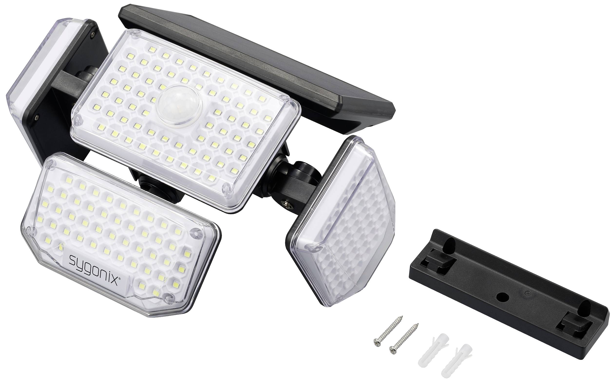 LED-Außenstrahler mit Bewegungsmelder, vier verstellbare Panels, Montagezubehör inklusive. Ideal für die Beleuchtung großer Flächen.