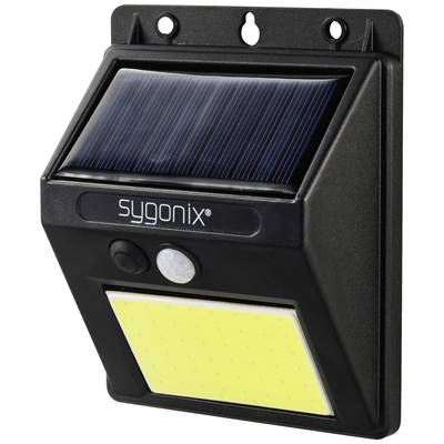 Schwarze solarbetriebene LED-Außenleuchte mit Bewegungsmelder, rechteckige Form, oben Solarpanel, unten LED-Bereich.