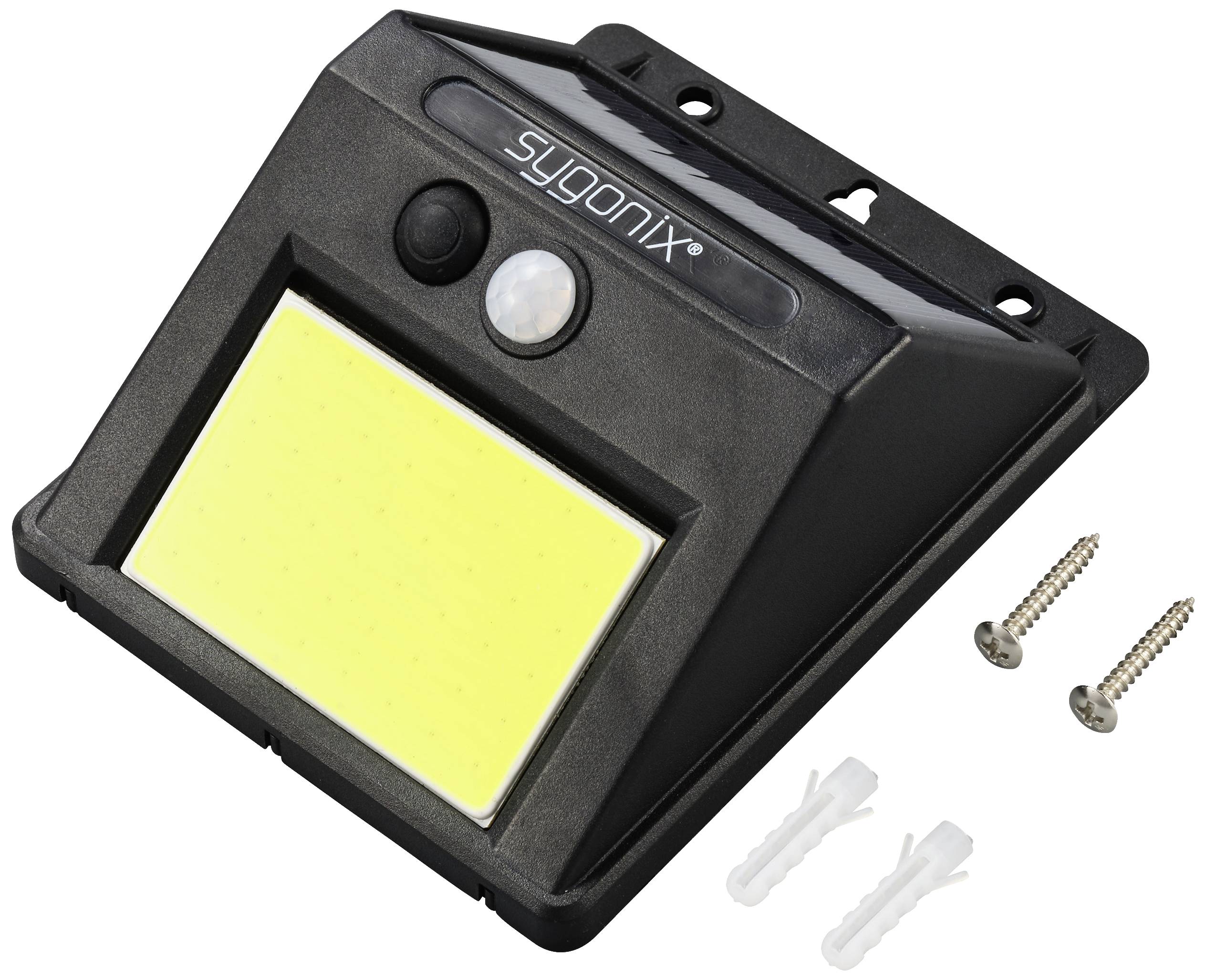 Schwarzes Sygonix LED-Solarlicht mit Bewegungssensor inklusive Montagezubehör; geeignet zur Außenbeleuchtung.