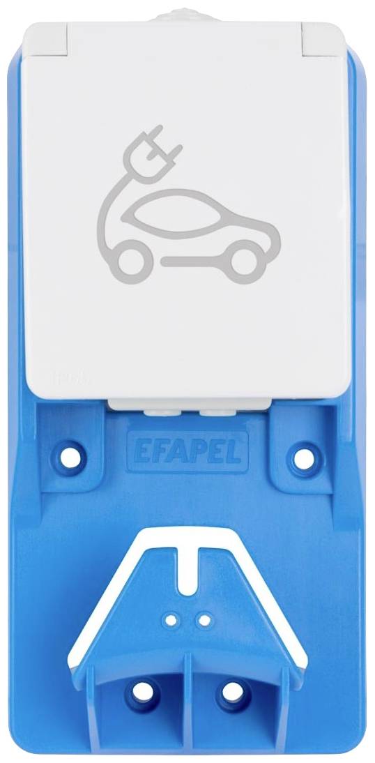 Eine blaue Elektroautoladestation mit einem Symbol eines Autos und eines Steckers auf der Abdeckung.