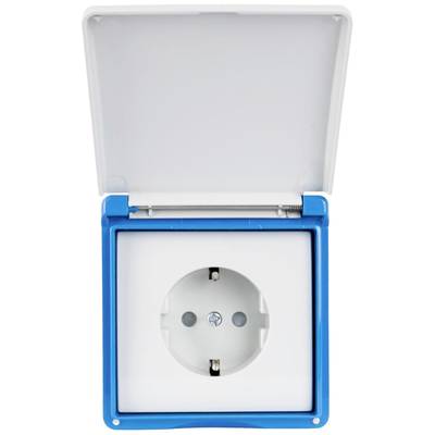 Blaue, wasserdichte Steckdose mit geöffnetem Deckel, zeigt die runde Öffnung für den Stecker. Geeignet für den Außenbereich.
