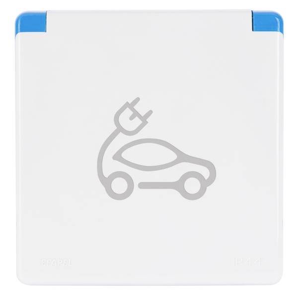 Eine weiße Ladestation mit Symbol eines Elektroautos und Steckers, geeignet zum Aufladen von Elektroautos.