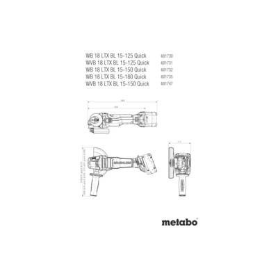 Technische Zeichnung eines Metabo Winkelschleifers WB 18 LTX mit Größenangaben und Modellnummern. Verschiedene Ansichten gezeigt.