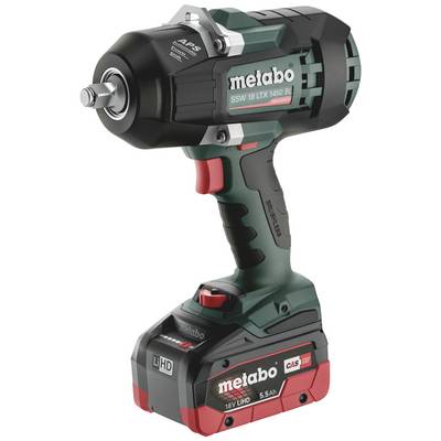 Akkuschlagschrauber von Metabo mit grünem und schwarzem Gehäuse, rotem Akzent und 18V LiHD Batterie; Modell SSW 18 LTX 1450 BL.
