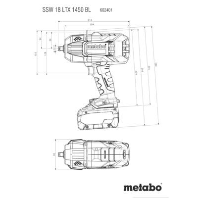 Technische Zeichnung eines Metabo Akkuschraubers SSW 18 LTX 1450 BL mit Maßen in Millimetern. Enthält Seiten- und Frontalansicht.