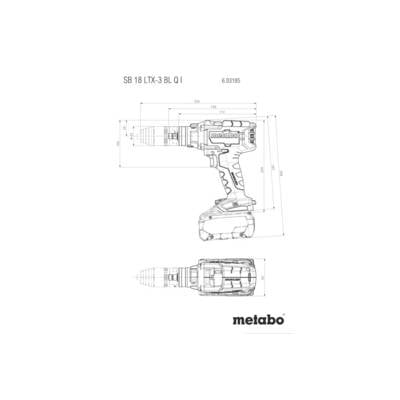 Technische Zeichnung eines Akkubohrschraubers, Modell 'SB 18 LTX-3 BL Q I' von Metabo, mit Abmessungen in Millimetern.