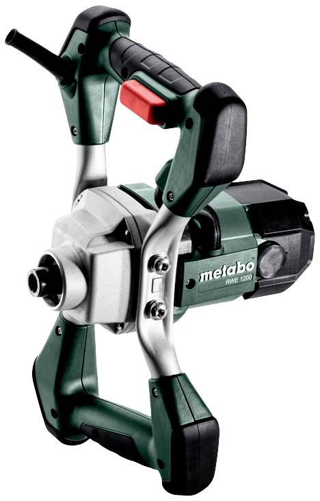 Grüner und schwarzer elektrischer Handmischer mit Motorblock, geeignet für das Mischen von Farben und Putzmaterialien.