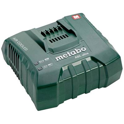 Ein grünes Ladegerät mit der Aufschrift 'metabo ASC ultra'. Das Gerät ist luftgekühlt und hat mehrere LED-Anzeigen auf der Vorderseite.