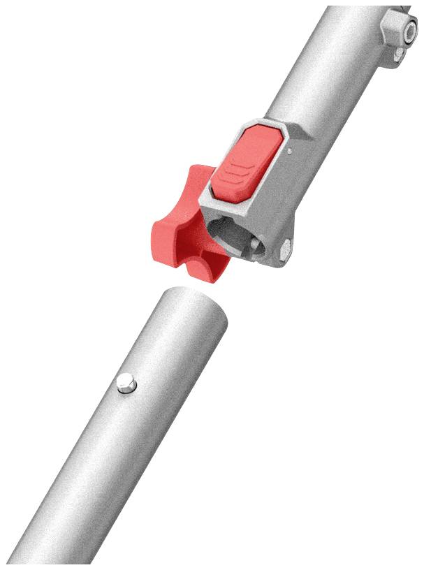 Ein silbernes Rohr wird mithilfe eines roten Klemmsystems an ein weiteres Rohr befestigt. Das System hat einen Hebel und einen Sternknopf.
